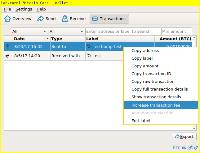Screenshot of "increase transaction fee" option on menu